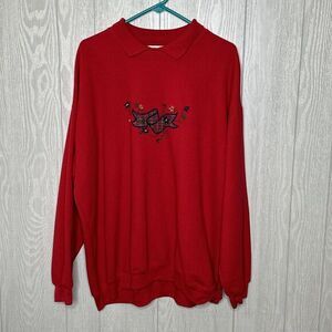Vintage Red Plus Size Top With Embroidery And Collar Size 3X